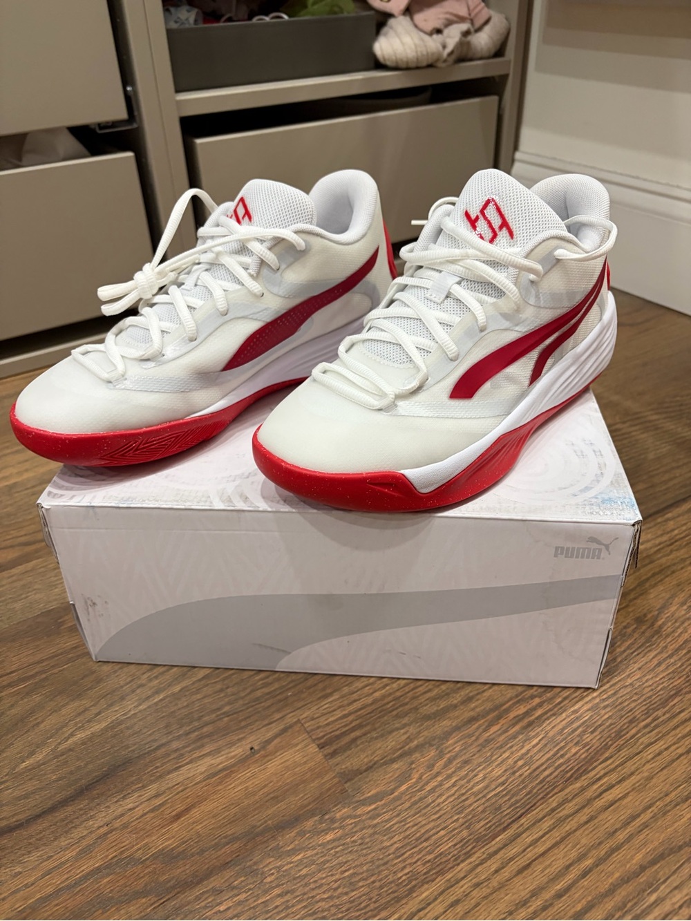 Puma White and Red Low-Top Athletic Sneakers